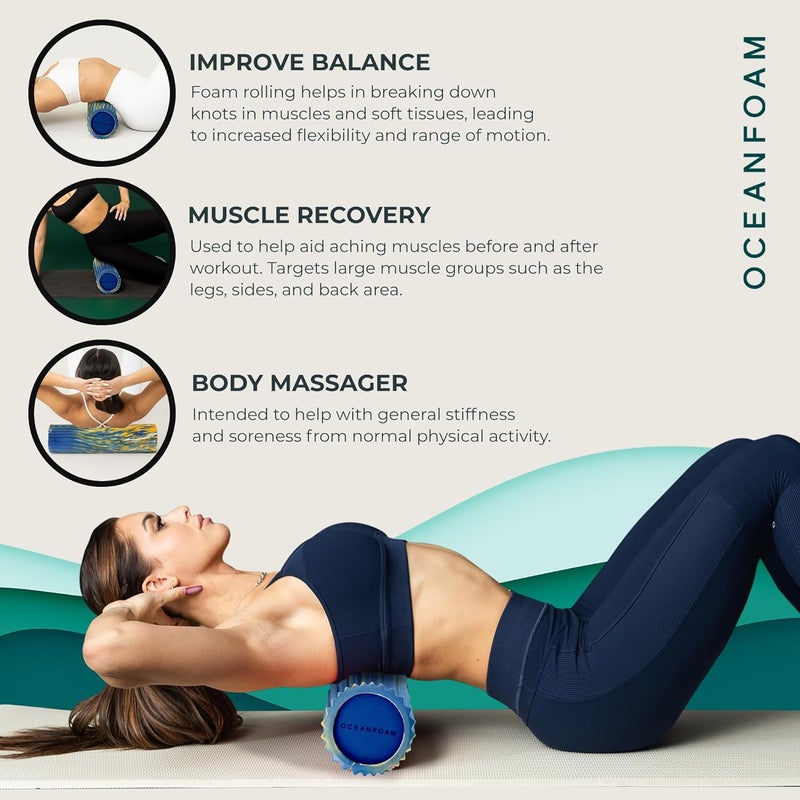 Oceanfoam Tidal Roller - Royal, Gold & Natural Marbled - Muscle Massage Foam Roller for Back Pain & Stretching - Firm & Ergonomic Wide Wave Textured - Yoga, Athletics, & Wellness - Full Size, 20" x 5" - Image 5